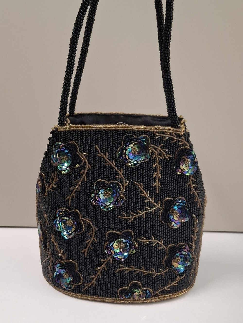 Vintage Black Blue Purple Beaded Sequin Floral Purse Evening Bag